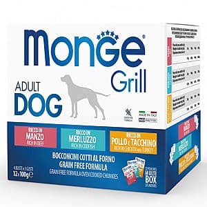 Hrană umedă pentru câini Monge GRILL MIX BOX ADULT BEEF/COD/CHICKEN 12x100gr
