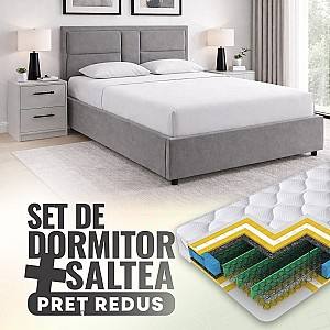 Set dormitor Alcantara Sidney 160x200 Gri Deschis + Noptiere PAL Alb + Saltea Salt Confort Clasic 160x200