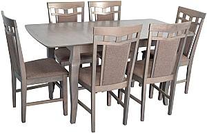 Set de masa si scaune Evelin HV-29V Antique Grey + 6 scaune Deepa R Antique Grey / Ekea12 Dark Brown