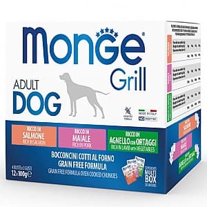 Hrană umedă pentru câini Monge GRILL MIX BOX ADULT SALMON/PORK/LAMB 12x100gr