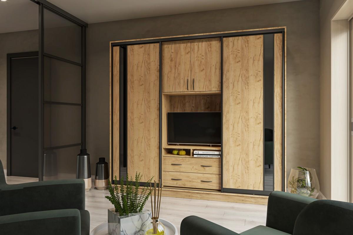 Стенка Confort-NV Универсал 240x45x220 (2 ДСП (ГС лакобель)) Дуб Крафт Золотой