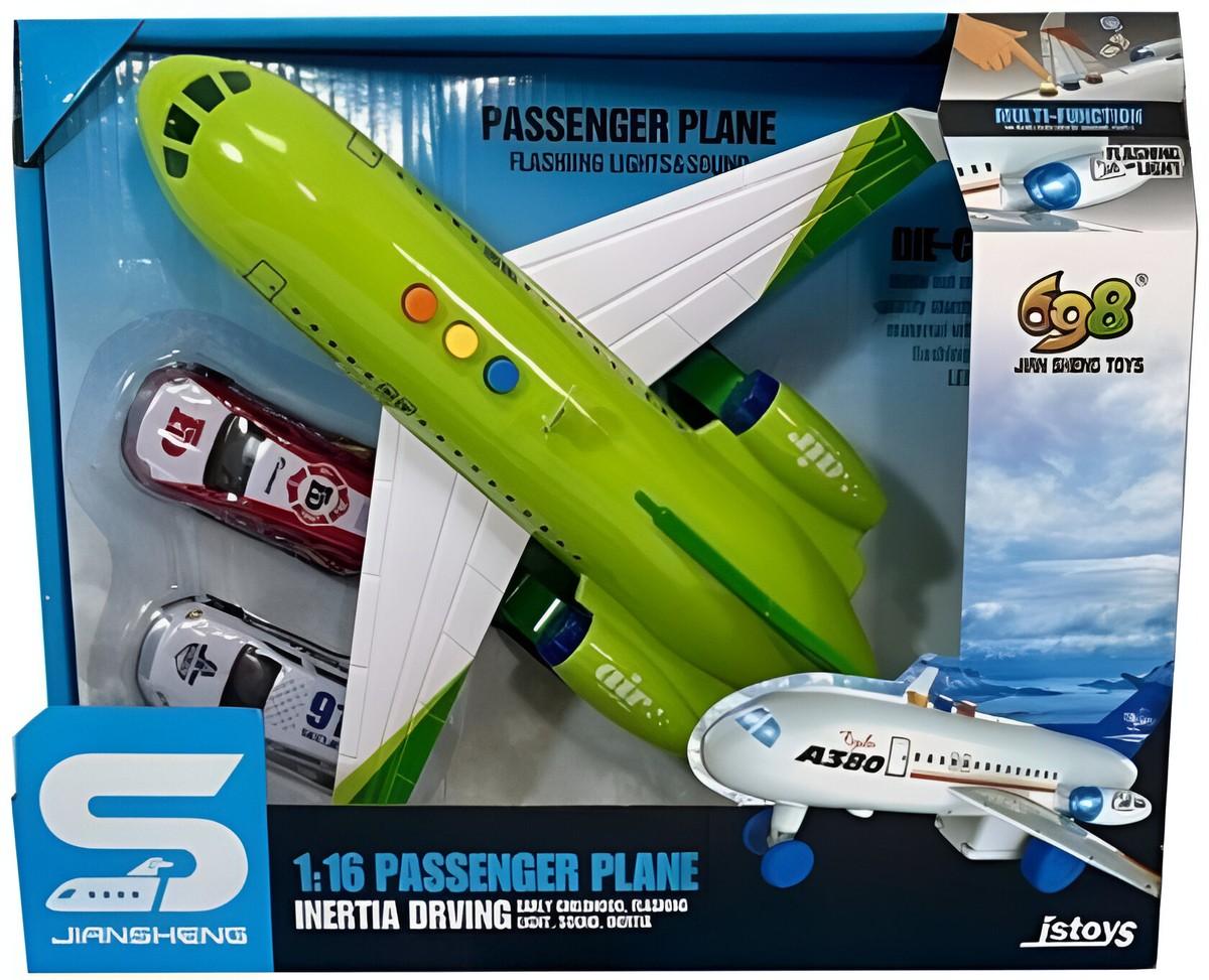 Set de jucarii JSToys Avion cu frictiune verde si 2 masinute (ZJA347493)