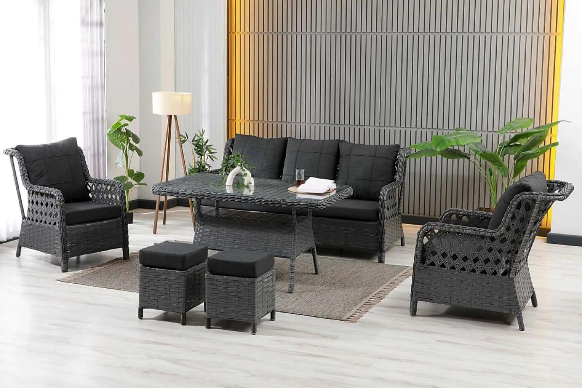 Set mobila de gradina Stars Plastik Vilza Rattan 3+1+1 (Puf 1+1) Antracit