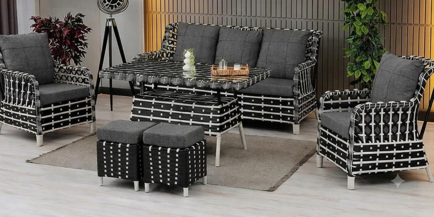 Набор садовой мебели Stars Plastik Vilza Rattan 3+1+1 (Пуф 1+1) Белый / Черный