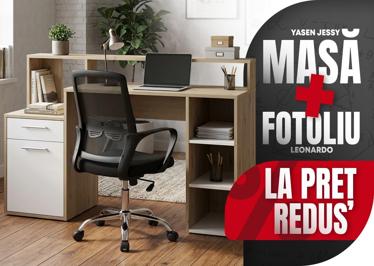 Masa de birou Yasen Jessy Stejar Artisan / Nimfea Alb + Fotoliu Leonardo