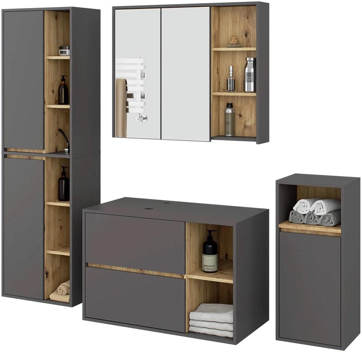 Set de mobila de baie Akord Vami cu orificii Grafit/Stejar Artisan (Maro)