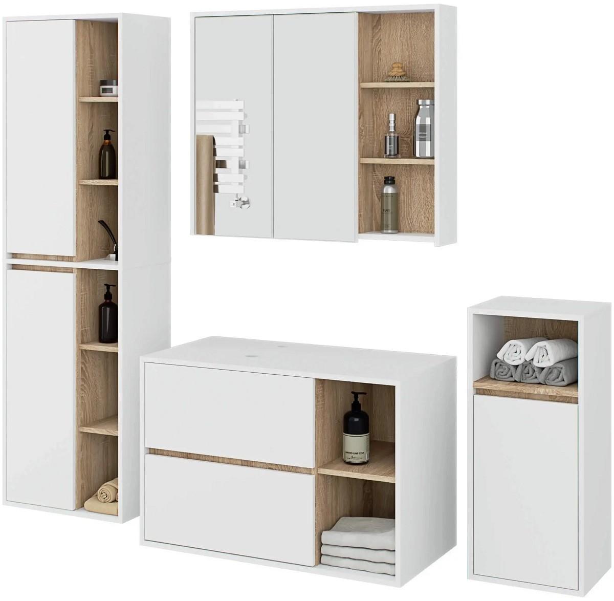 Set de mobila de baie Akord Vami cu orificii Alb/Stejar Sonoma (Bej)