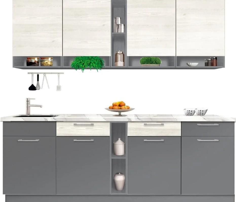Set mobila bucatarie Modern Monro 2.6m Gri ardezie/Stejar artizanal alb