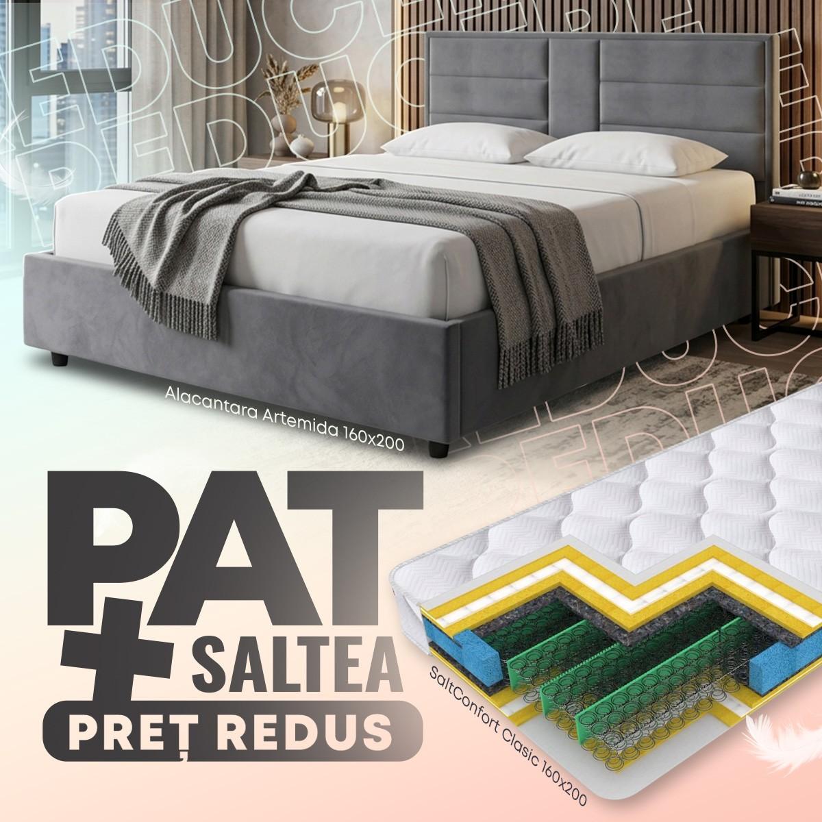 Pat Alcantara Artemida 160x200 Gri + Saltea Salt Confort Clasic 160x200