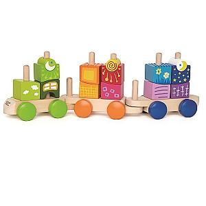 Jucarie interactiva Hape Set din lemn cu cuburi Locomotiva multicoloră