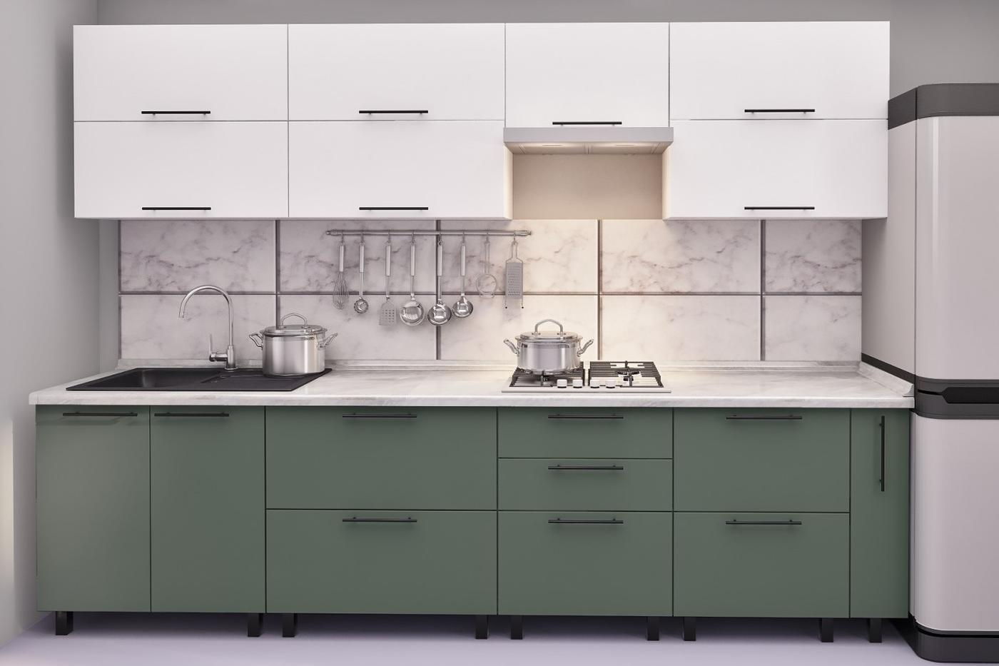 Set mobila bucatarie PS Kvadro (Trendy Panel) 3 m White(Alb)/Relax Green(Verde)