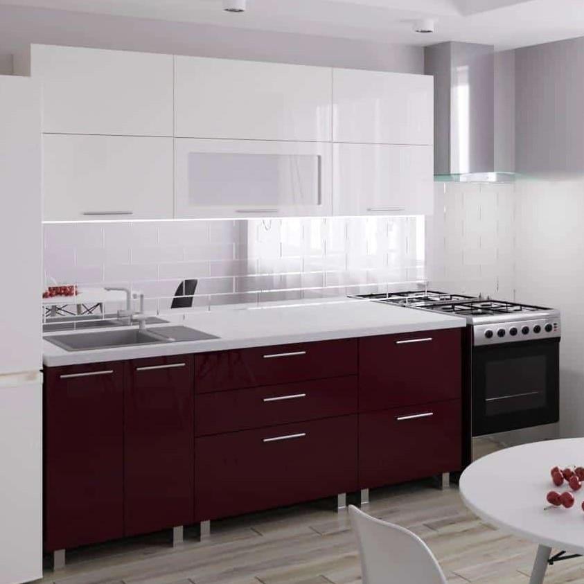 Set mobila bucatarie PS Blum 2 m (MDF lucioasa) Alb / Bordo