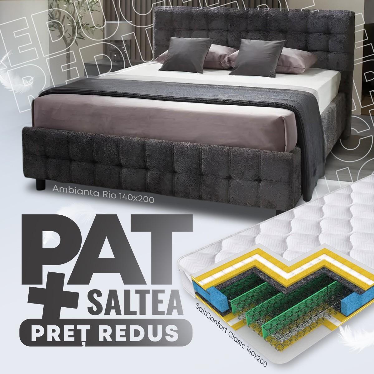 Pat Ambianta Rio 1.4 m Gri Închis + Saltea Salt Confort Clasic 140x200