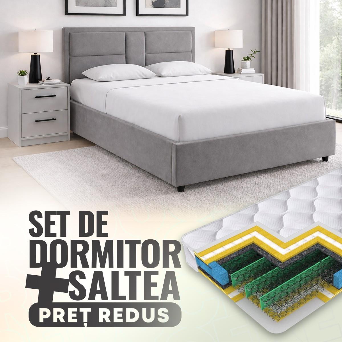 Set dormitor Alcantara Sidney 160x200 Gri Deschis + Noptiere PAL Alb + Saltea Salt Confort Clasic 160x200