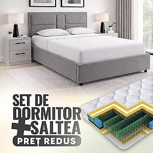 Set dormitor Alcantara Sidney 160x200 Gri Deschis + Noptiere PAL Alb + Saltea Salt Confort Clasic 160x200