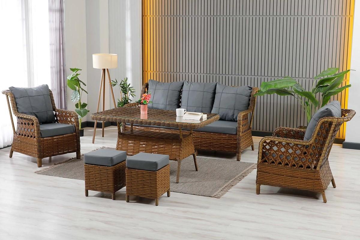 Set mobila de gradina Stars Plastik Vilza Rattan 3+1+1 (Puf 1+1) Maro