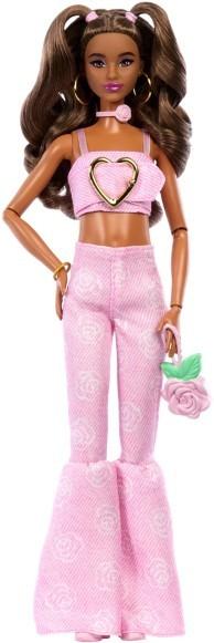 Papusa BARBIE Fashionistă în top roz din denim și blugi evazați