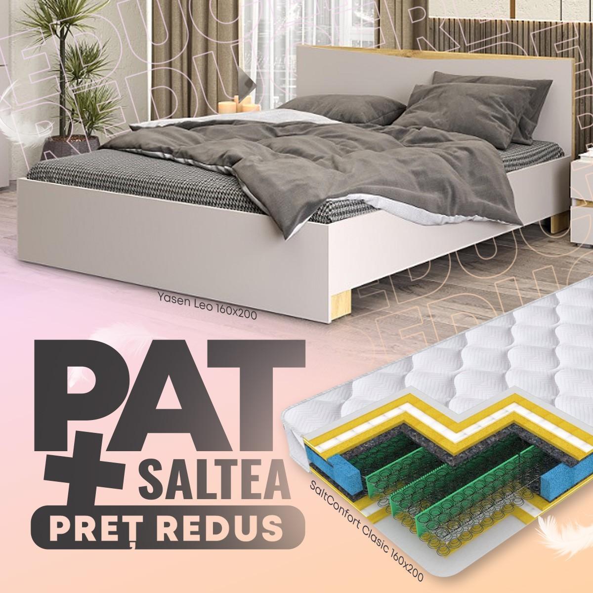 Pat Yasen Leo 1.6 m Cașmir / Stejar Artisan + Saltea Salt Confort Clasic 160x200
