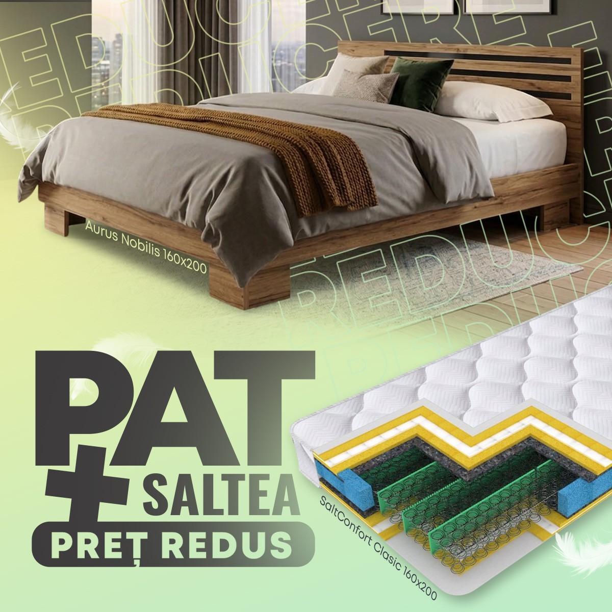 Pat Aurus Nobilis 160x200 Stejar Închis + Saltea Salt Confort Clasic 160x200